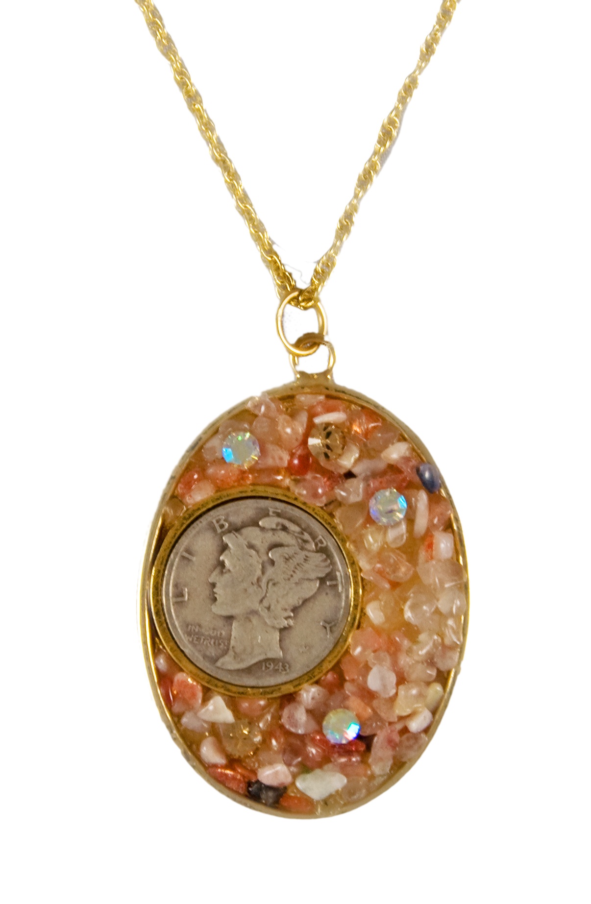 Silver Mercury Dime Natural Sunstone Pendant with Crystal