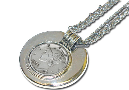 Mercury Dime Silvertone Triple Chain Pendant