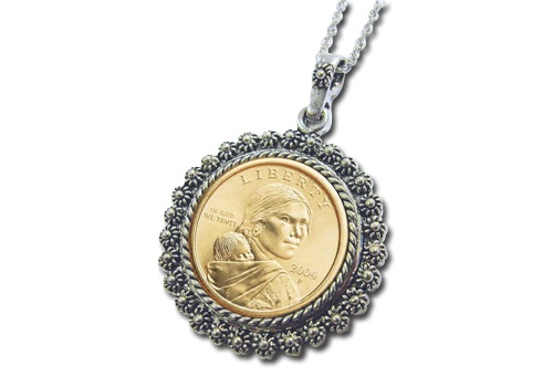 Sacagawea Dollar Pendant in Silvertone Bezel