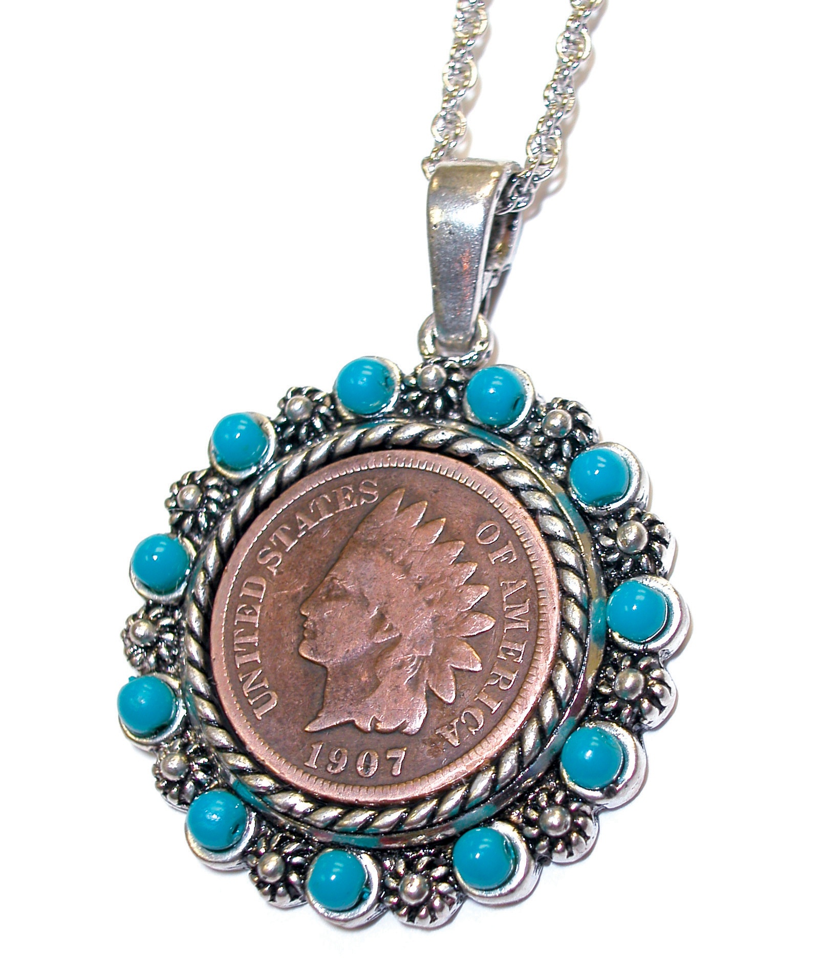 Indian Head Penny Pendant with Real Turquoise Beads
