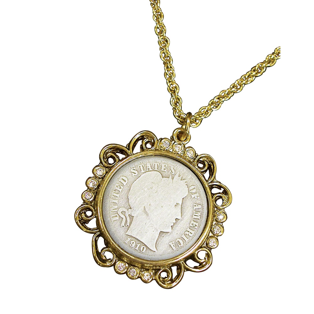 Silver Barber Dime Goldtone Pendant with Crystals 24" Chain