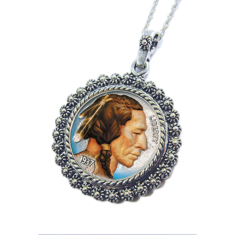 Colorized Buffalo Nickel Silvertone Blossom Pendant 24" Chain