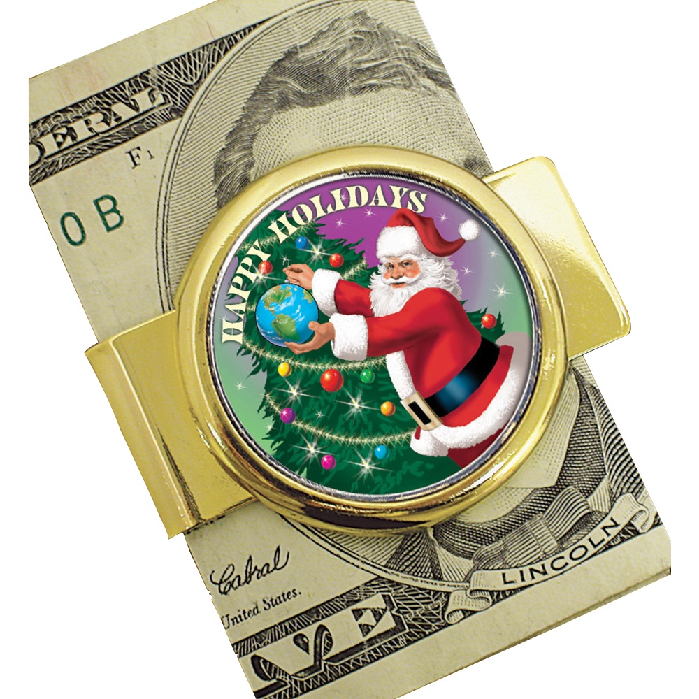 Goldtone Moneyclip with Colorized JFK Half Dollar Santa Coin