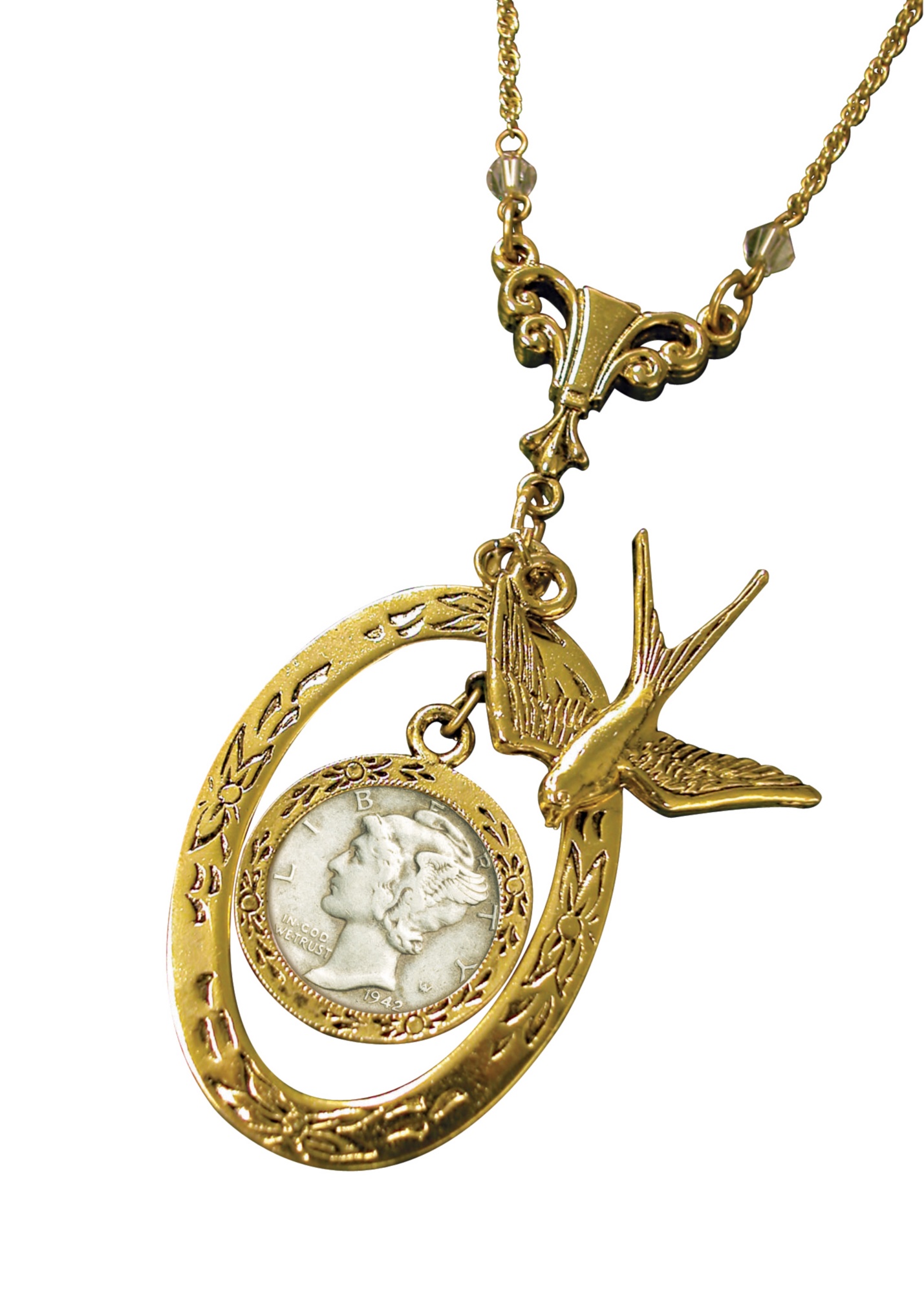 Mercury Dime Antique Goldtone Sparrow Pendant