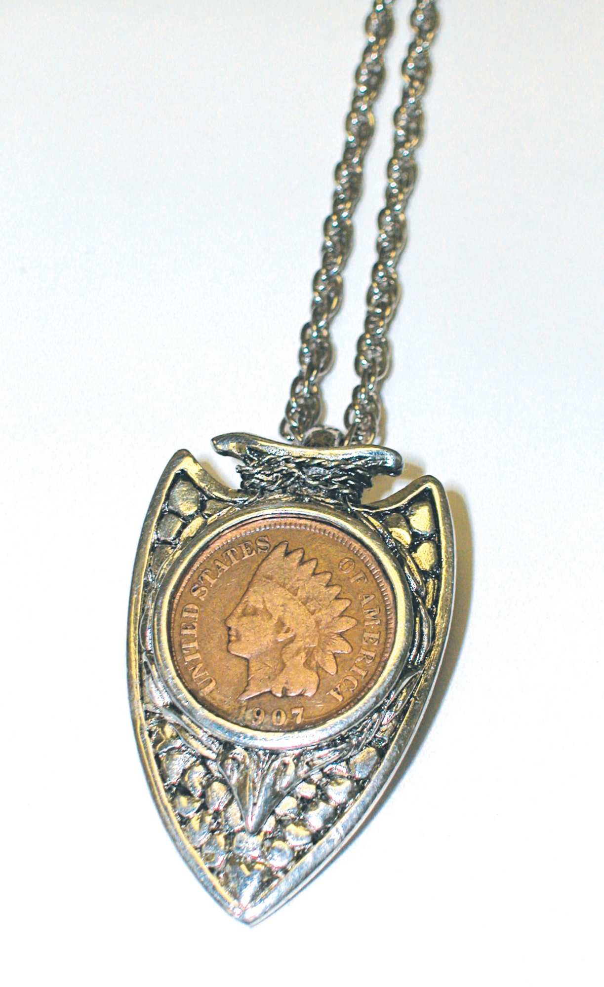 Indian Head Penny Silvertone Arrowhead Pendant