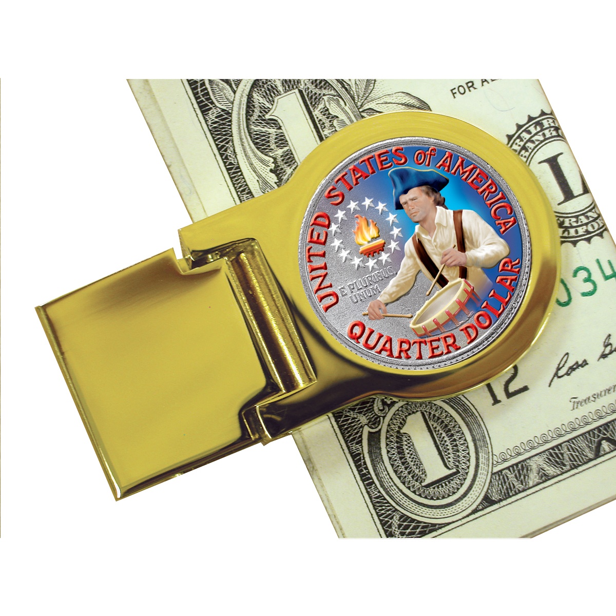 Goldtone Moneyclip with Colorized Washington Bicentennial Quarter