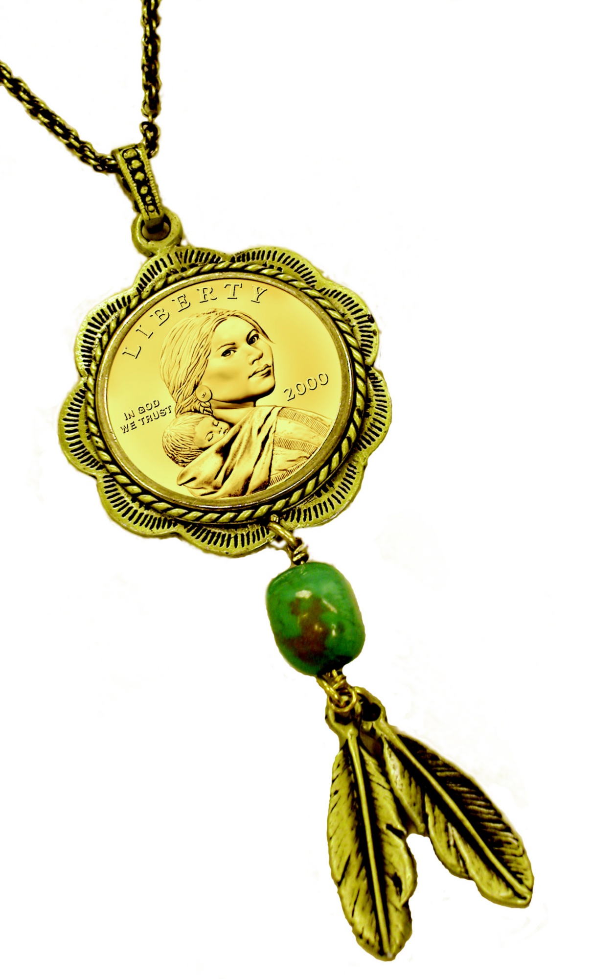 Sacagawea Brass and Turquoise Pendant