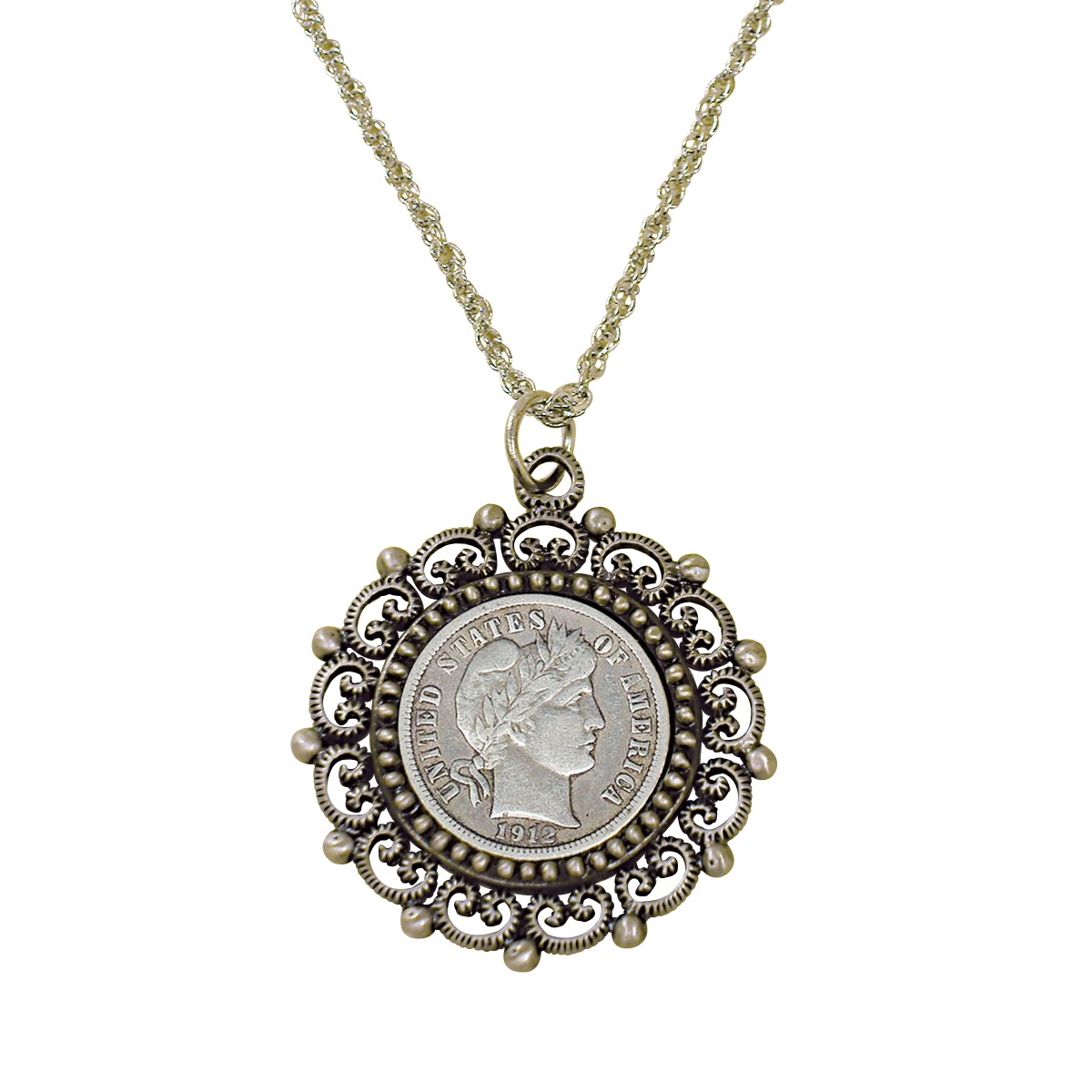 Silver Barber Dime Silvertone Beaded Pendant