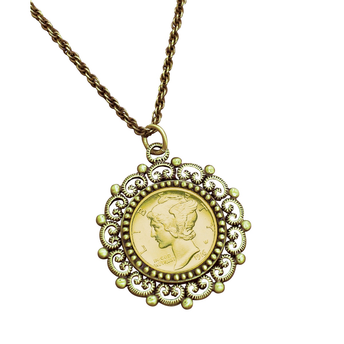 Gold Layered Mercury Dime Antique Goldtone Beaded Pendant