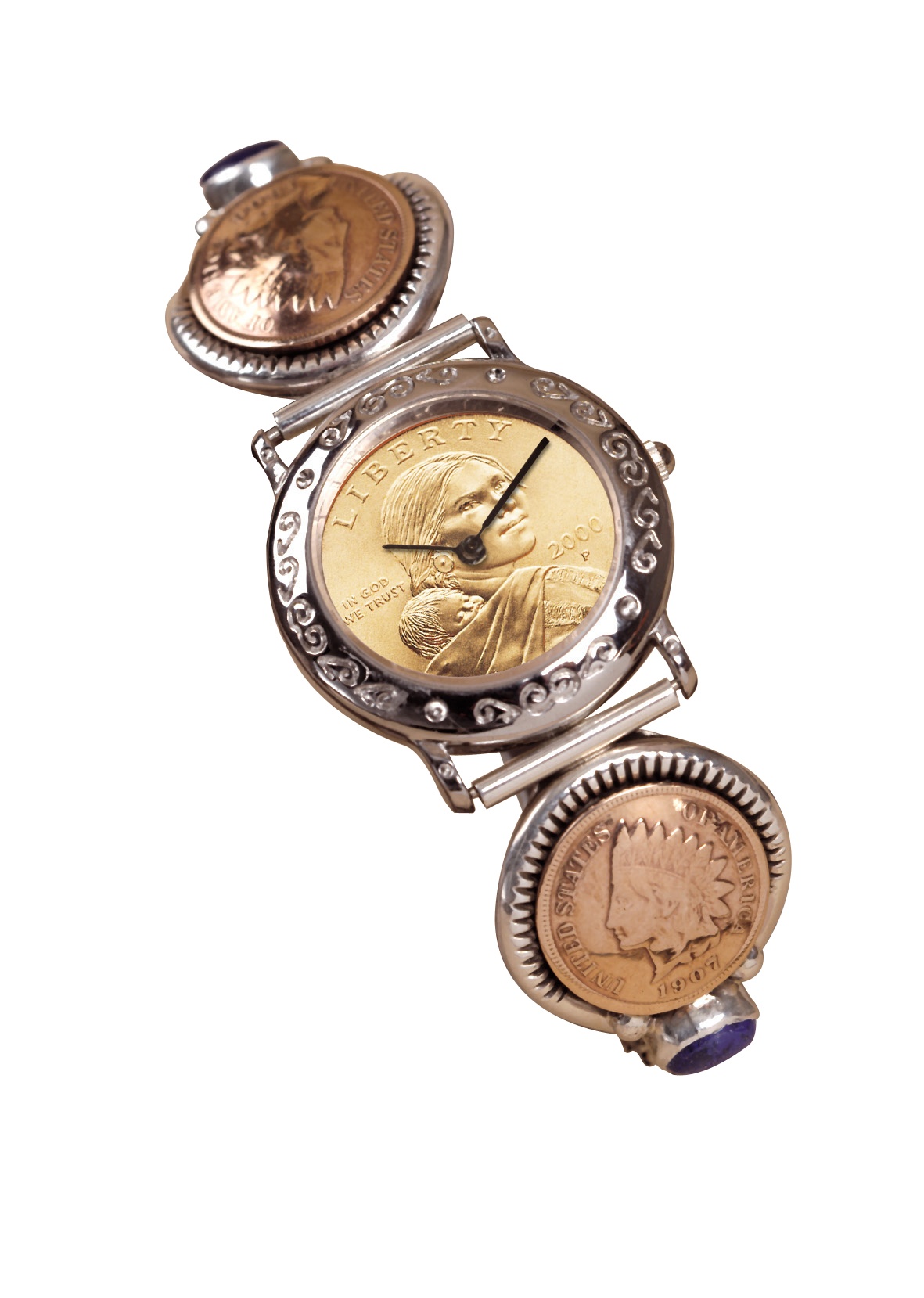 Sterling Silver Sacagawea Coin Cuff Watch with 2 Indian Cents and Lapis ...