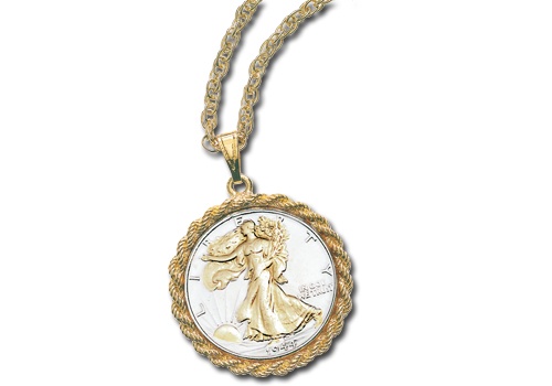 Selectively Gold-Layered Silver Walking Liberty Half Dollar Pendant