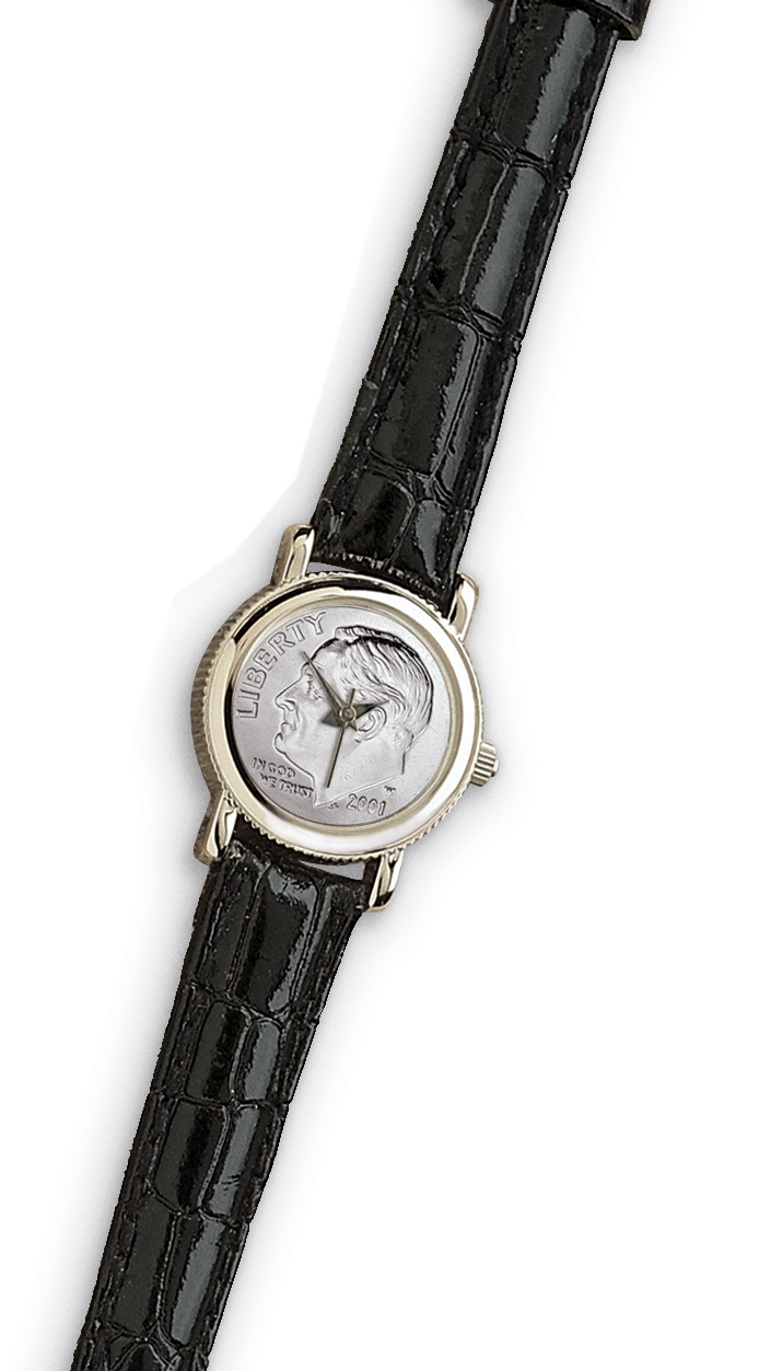 Roosevelt Dime Coin Watch with Black Leather Band