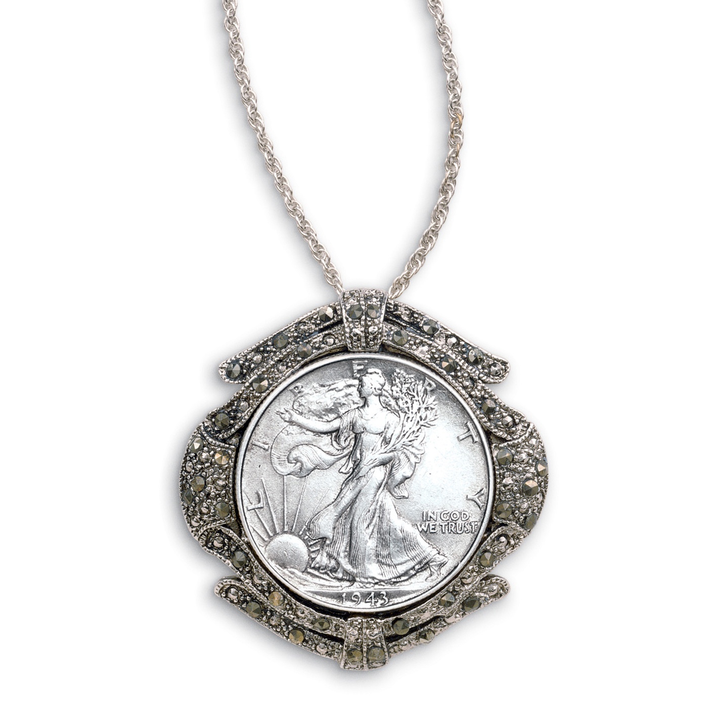 Silver Walking Liberty Half Dollar Marcasite Coin Pin/Pendant Coin Jewelry