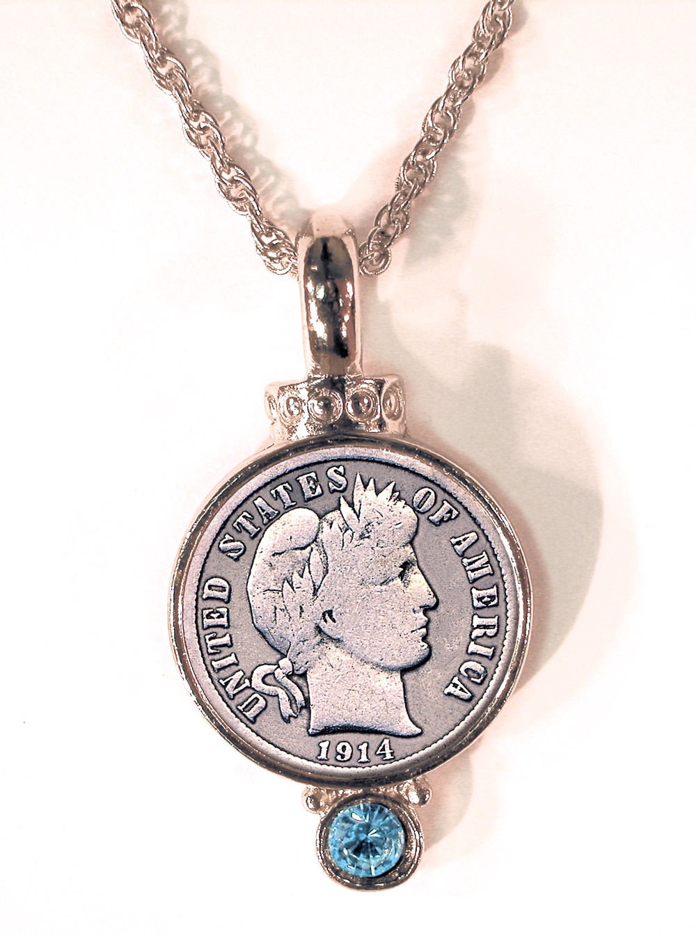 Silver Barber Dime Pendant with Aqua Crystal
