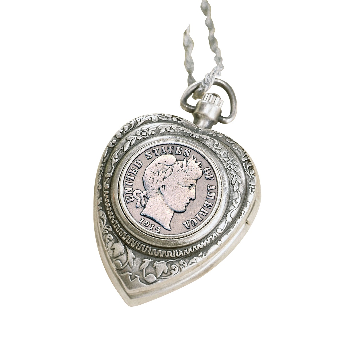 Silver Barber Dime Heart Watch Pendant