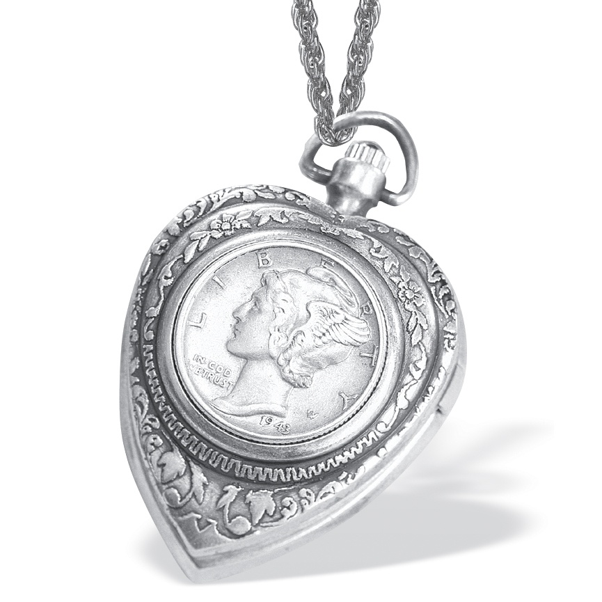 Silver Mercury Dime Heart Pendant & Watch