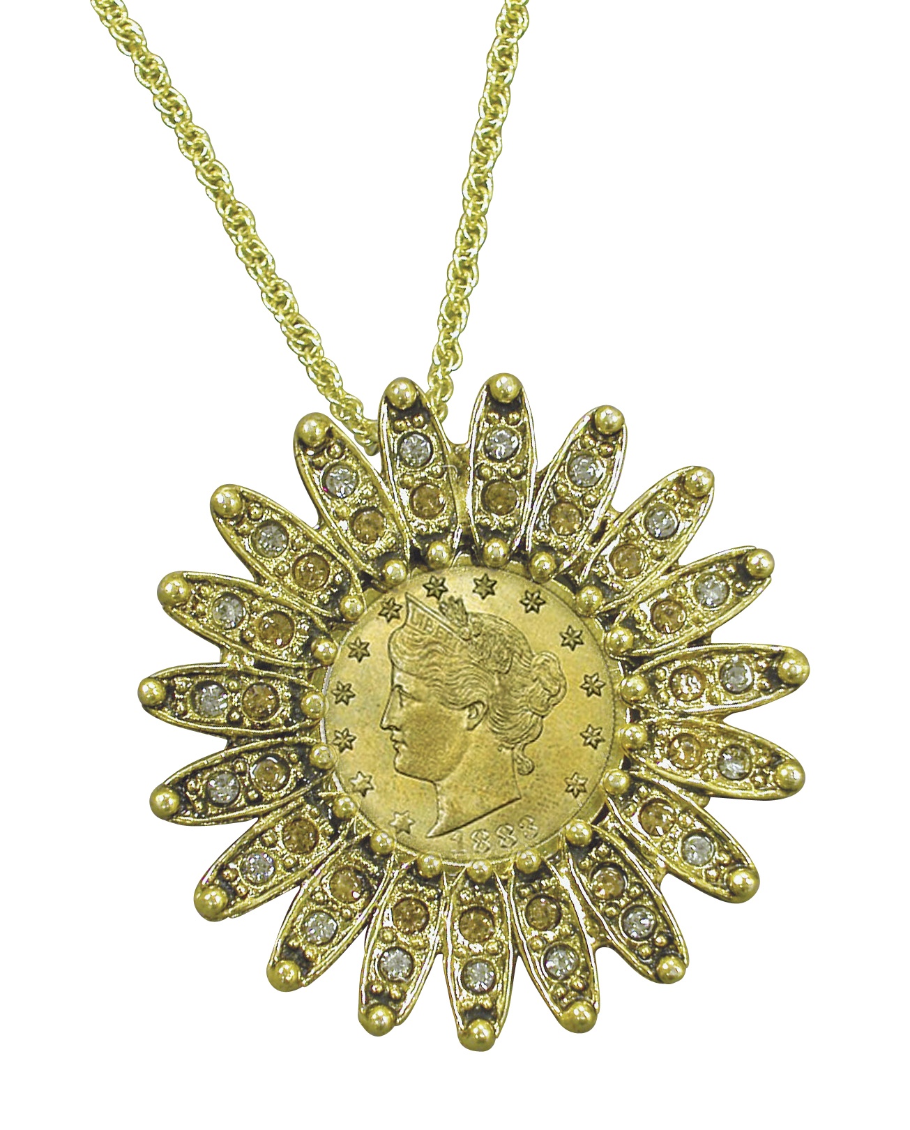 Goldtone Liberty Nickel Coin Pin/Pendant with Crystals Coin Jewelry