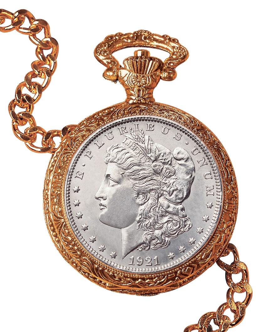 1921 Morgan Silver Dollar Goldtone Coin Pocket Watch Coin Jewelry