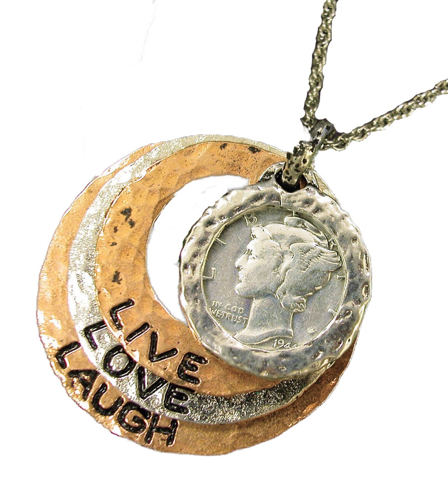 Silver Mercury Dime Tri Color Circle Pendant Live/Love/Laugh 24" Chain