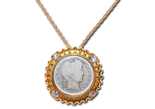 Silver Barber Quarter in Goldtone Bezel with Crystal Accents - Goldtone Chain