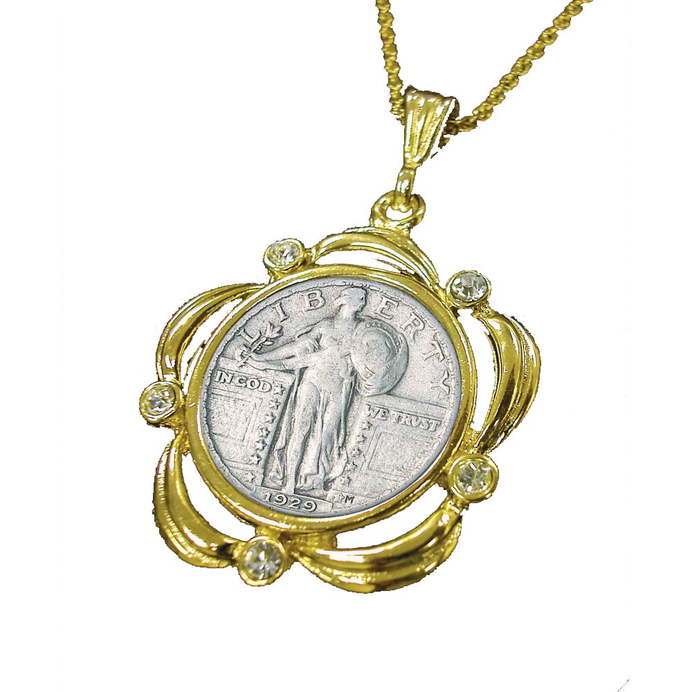 Silver Standing Liberty Quarter Goldtone Pendant Scalloped W/Crystals ...