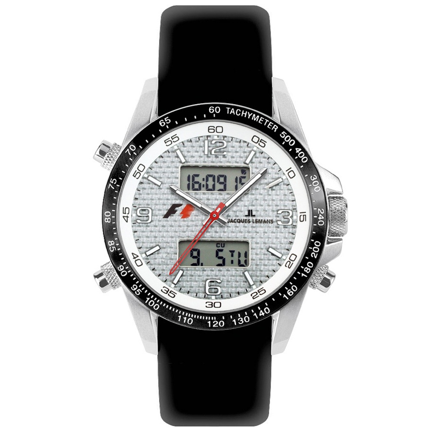 JACQUES LEMANS F1-Men's F1 Black Leather Carbon Fiber Dial