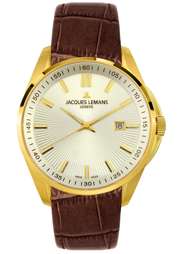 JACQUES LEMANS-Men's Geneva Brown Leather Goldplated
