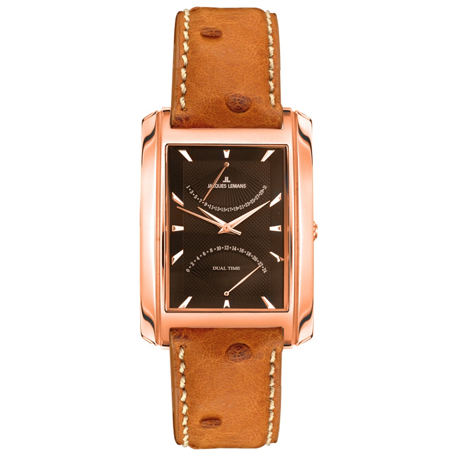 JACQUES LEMANS-Men's Classic Dual Time Rose Goldplated