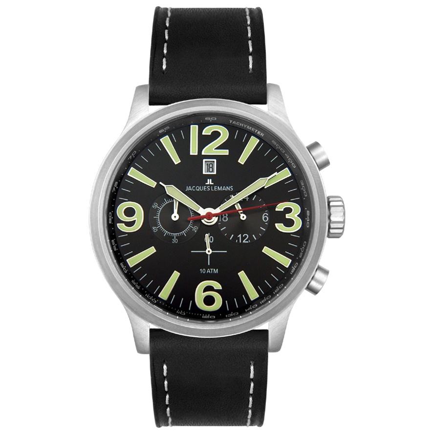 JACQUES LEMANS-Men's Sports Chronograph Black Leather