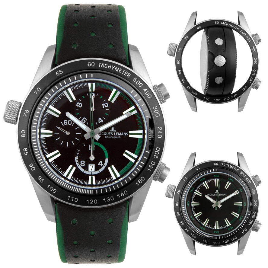 Men's Sports Dual Time Chronograph Black & Green Leather