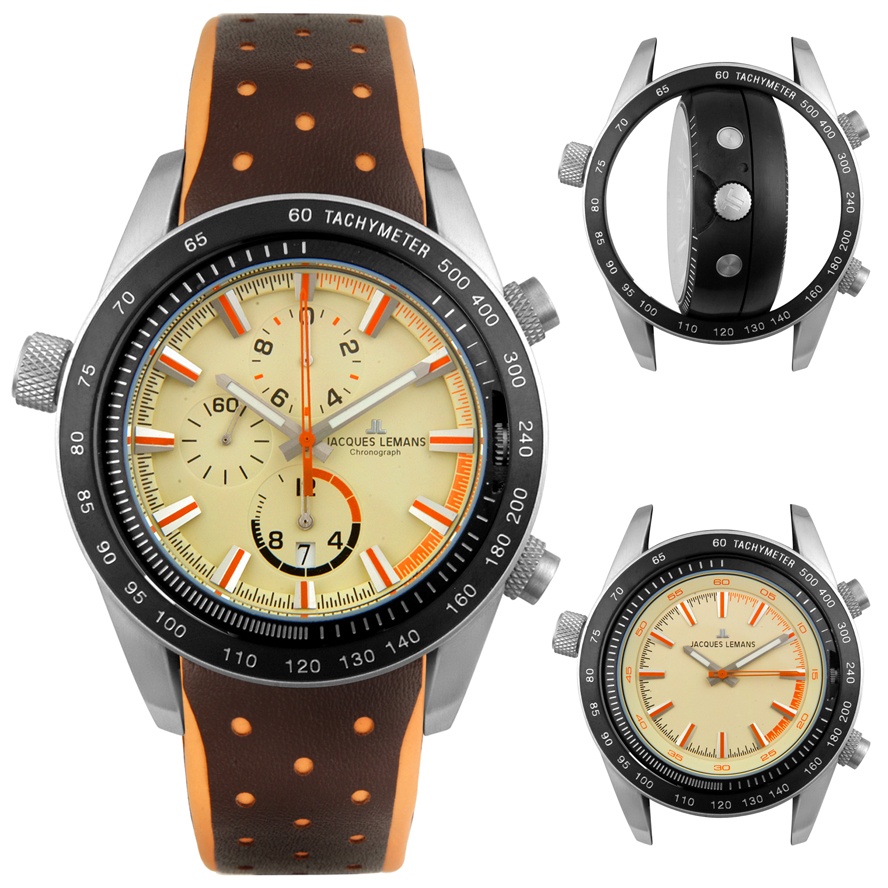 Men's Sports Dual Time Chronograph Brown & Orange Leather