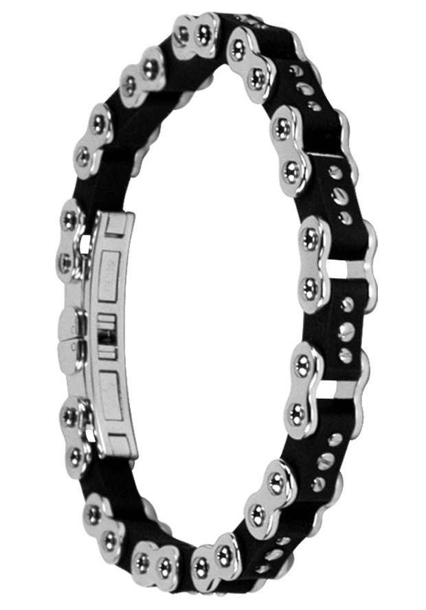 Stainless Steel and Black Rubber Cycle Bracelet