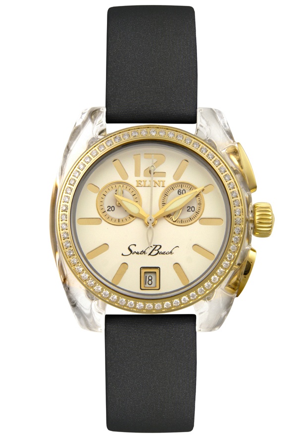 Midsize South Beach Chronograph Diamond Black Silk Leather