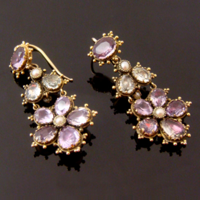 Victorian Aquamarine, Amethyst and Gold Pansy Earrings