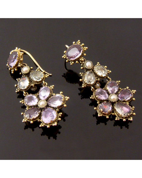 Victorian Aquamarine, Amethyst and Gold Pansy Earrings