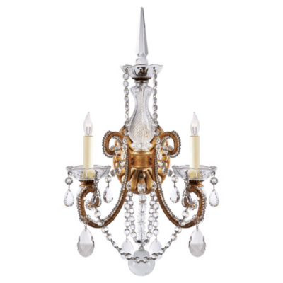 Adrianna Double Sconce in Gilded Iron with Antiqued Crystals and Silk Shade