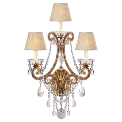 Adrianna Triple Sconce in Gilded Iron with Antiqued Crystals and Silk Shade