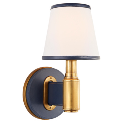 Riley Single Sconce in Natural Brass and Navy Leather with Leather Trimmed