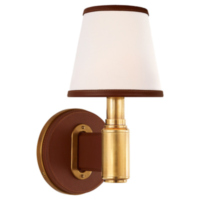 Riley Single Sconce in Natural Brass and Saddle Leather with Leather Trimme