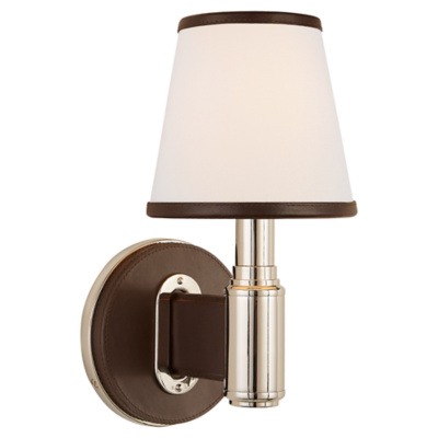 Riley Single Sconce in Polished Nickel and Chocolate Leather with Leather T