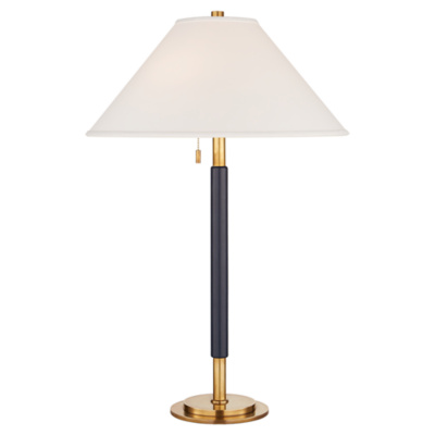 Garner Table Lamp in Natural Brass and Navy Leather with Percale Shade
