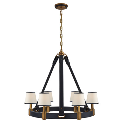 Riley Medium Ring Chandelier in Natural Brass and Navy Leather