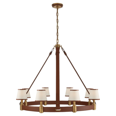 Riley Large Ring Chandelier in Natural Brass and Saddle Leather with Leathe