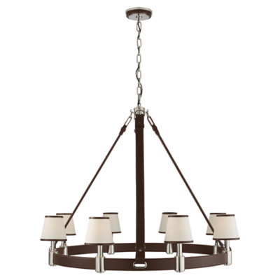 Riley Large Ring Chandelier in Polished Nickel and Chocolate Leather w/ Lea