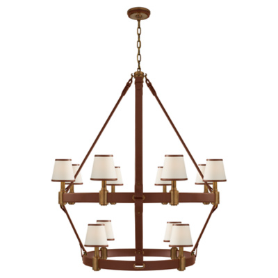 Riley Large Two Tier Chandelier in Natural Brass and Saddle Leather
