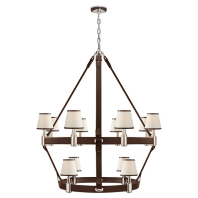 Riley Large Two Tier Chandelier in Polished Nickel and Chocolate Leather