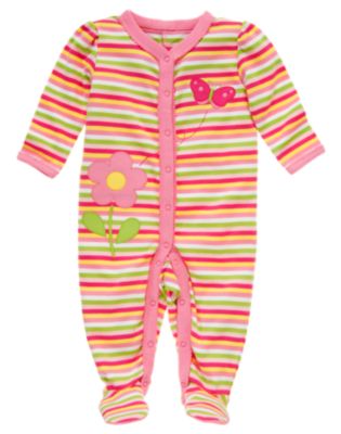 Flower Butterfly Stripe Footed One-Piece