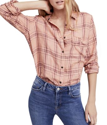 Free People Women's No Limits Plaid Buttondown Top - Small - Peach product image