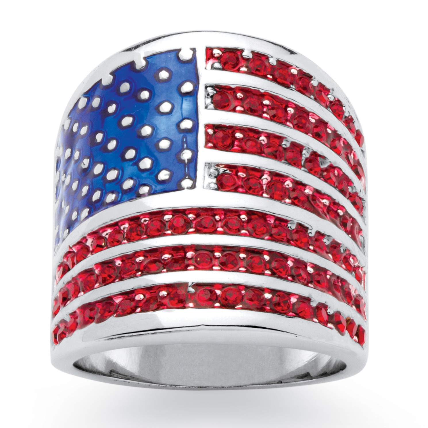 Round Red Crystal Silvertone Patriotic American Flag Ring at PalmBeach ...
