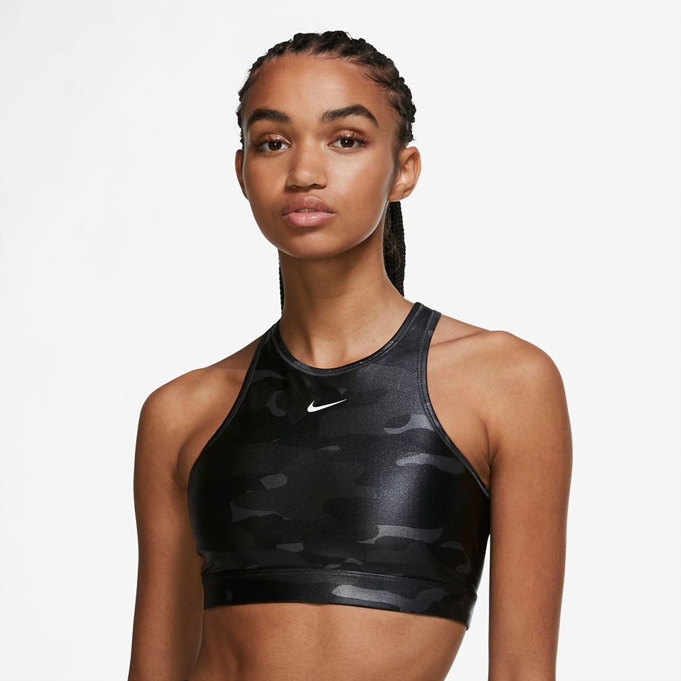 Womens Nike Dri-FIT Swoosh High Neck Camo Bras at Road Runner Sports